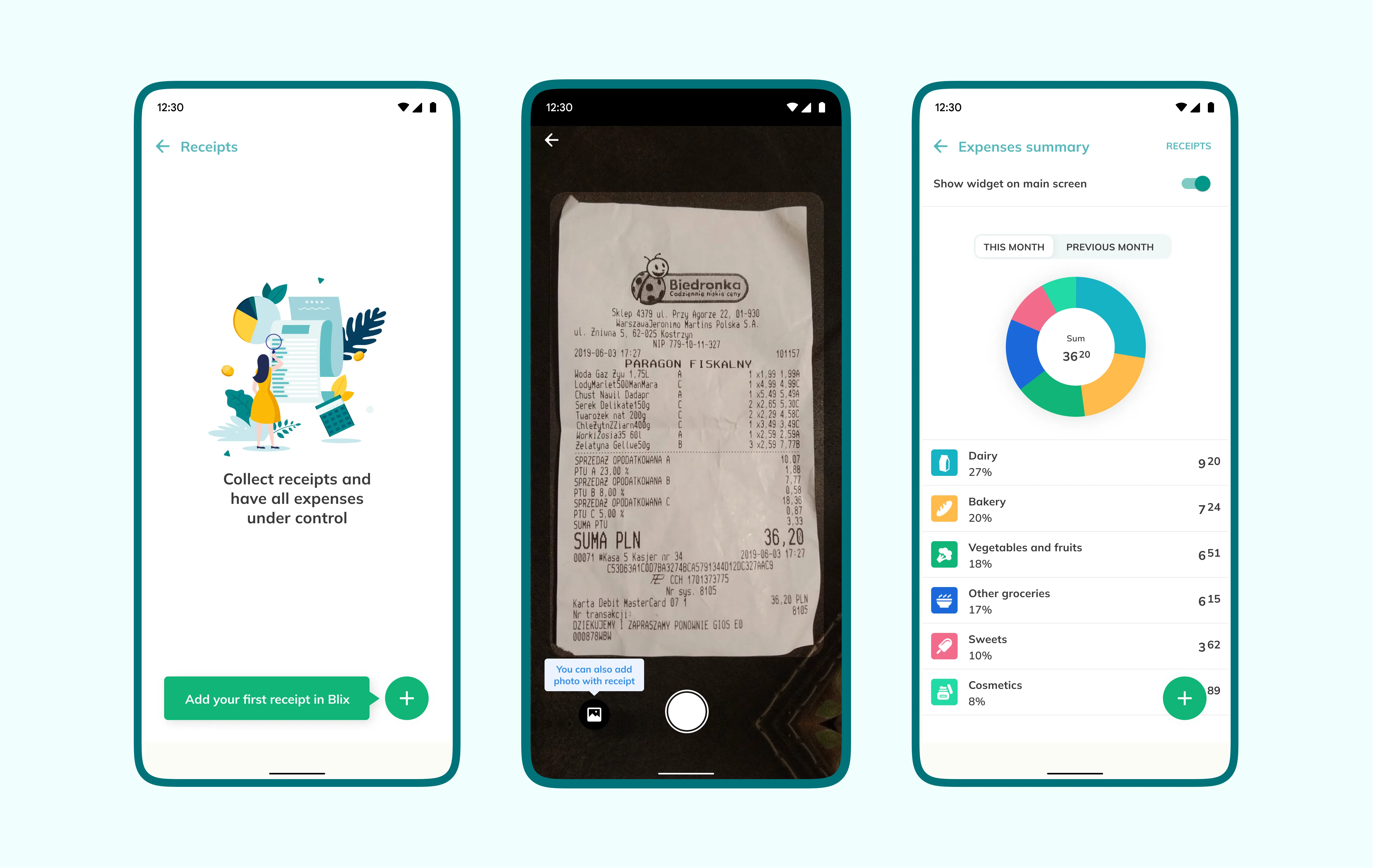 Blix expense manager — receipts, capture, and expenses summary screens