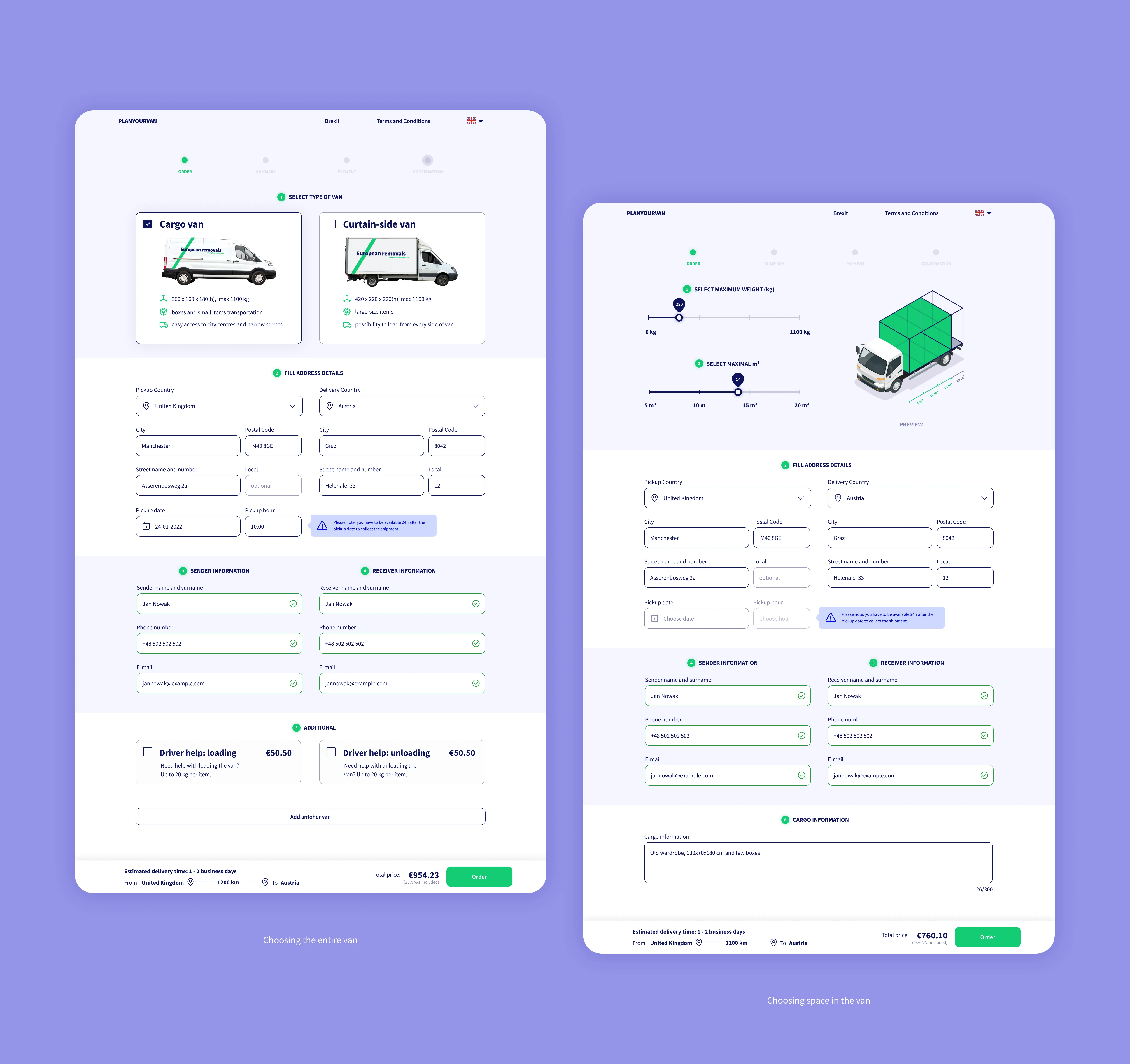 Two booking paths: renting the whole van vs. renting space in a van