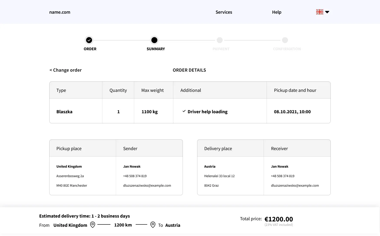 Early low-fidelity wireframe of the order summary screen
